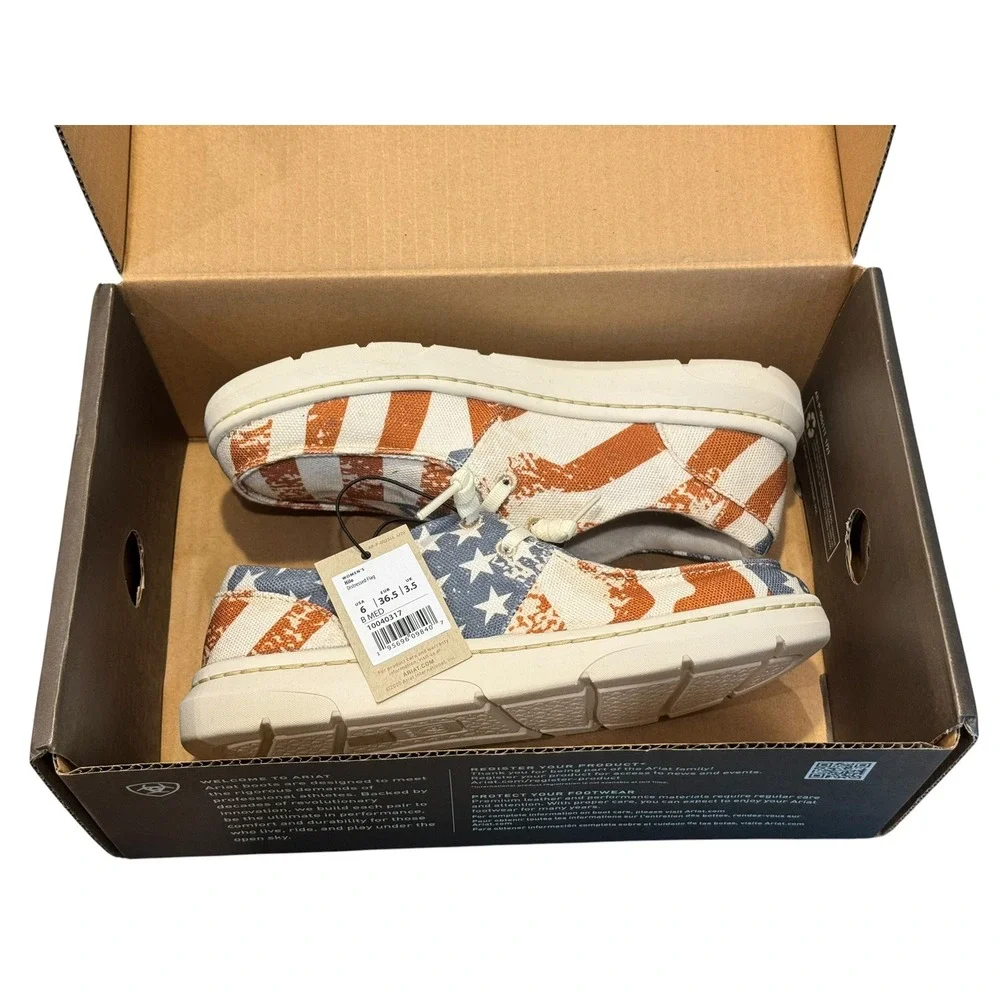 Ariat Hilo Women Distressed Flag Canvas Slip On Loafers Red White Blue Size  NIB